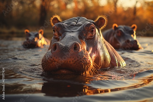 Hippos basking in a river under the sun, Generative AI © Shooting Star Std