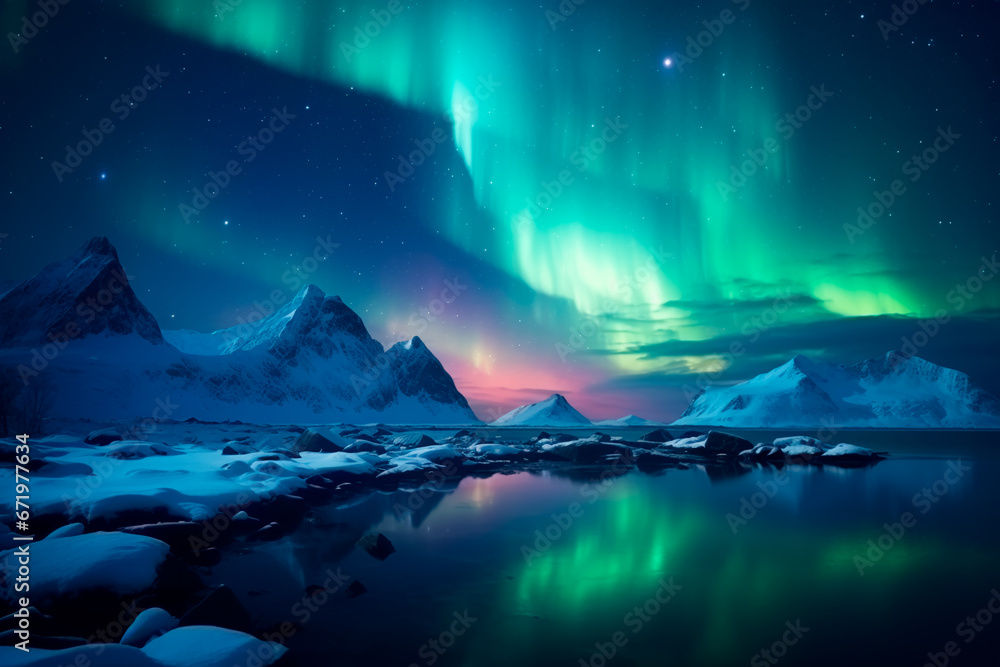 Northern lights on the background of a snowy mountains, a beautiful landscape of the north pole. Bright image