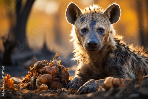 Hyena scavenging a carcass in the wild, Generative AI