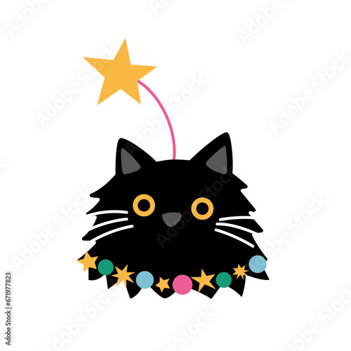 Cute cartoon black cat decorated as Christmas tree. Hand drawn vector illustration. Funny winter character card template.
