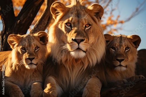 Pride of lions resting in the shade of a tree, Generative AI