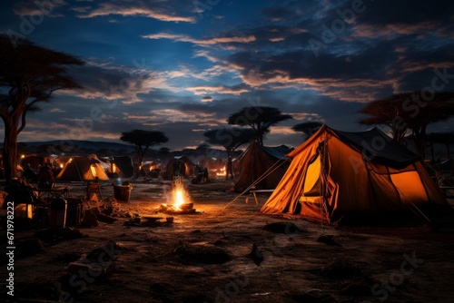 Safari campsite under a starry African night sky  Generative AI