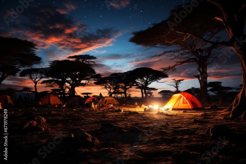 Safari campsite under a starry African night sky  Generative AI