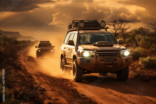 Safari vehicle on a dusty African road, Generative AI