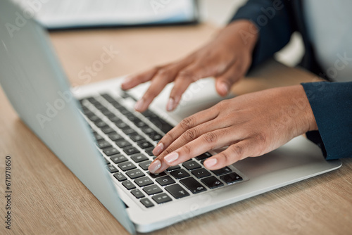 Hands, typing on laptop and person working on market research on startup, project or networking in email or communication. Computer, keyboard and employee writing a proposal or planning a strategy