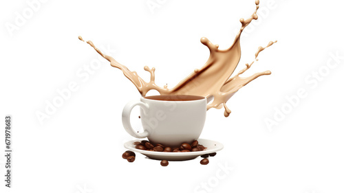 milk coffee splash in white cup with coffee beans, 3d illustration on white background 