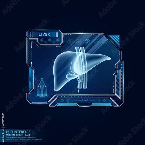 Liver in display card HUD interface medical. Human organ hologram with ultrasound diagnosis with AI innovative technology medical health care. Virtual touch UI screen frame. Vector.