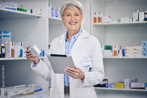 Senior woman, pharmacist stock and tablet portrait with medical work and digital research. Pharmacy, healthcare order and pills with elderly female employee with a smile with telehealth information
