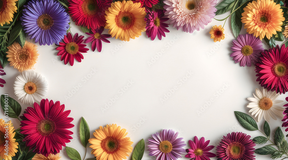 frame made of colorful flowers. Top view. Flat lay. Copy space for text. frame made of colorful flowers. Top view. Flat lay. Copy space for text.