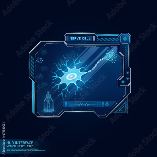 Nerve cell in display card HUD interface medical. Human organ hologram with ultrasound diagnosis with AI innovative technology medical health care. Virtual touch UI screen frame. Vector.