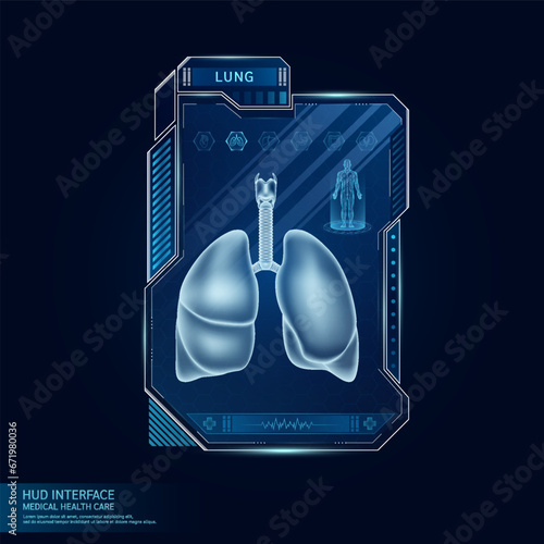 Lung in display card HUD interface medical. Human organ hologram with ultrasound diagnosis with AI innovative technology medical health care. Virtual touch UI screen frame. Vector.