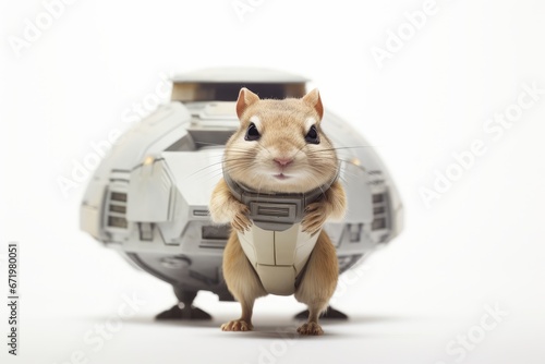 Photo of a Gerbil ready for interstellar adventures in a UFO against a clean white backdrop. Generative AI