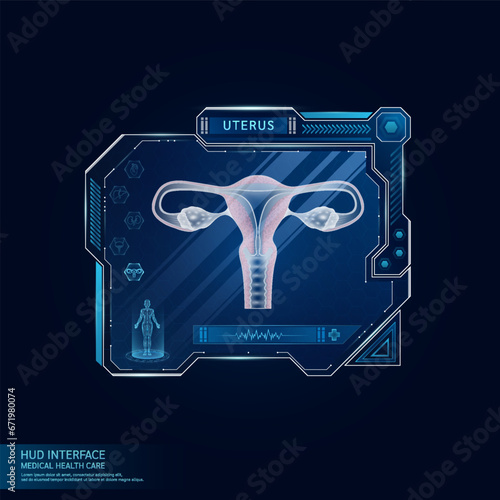 Uterus in display card HUD interface medical. Human organ hologram with ultrasound diagnosis with AI innovative technology medical health care. Virtual touch UI screen frame. Vector.