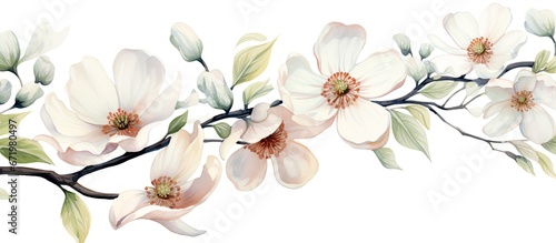 A watercolor illustration of a white flowering dogwood branch with a photo manipulation effect served as the graphic element for a wedding invitation design This decorative floral clip art 