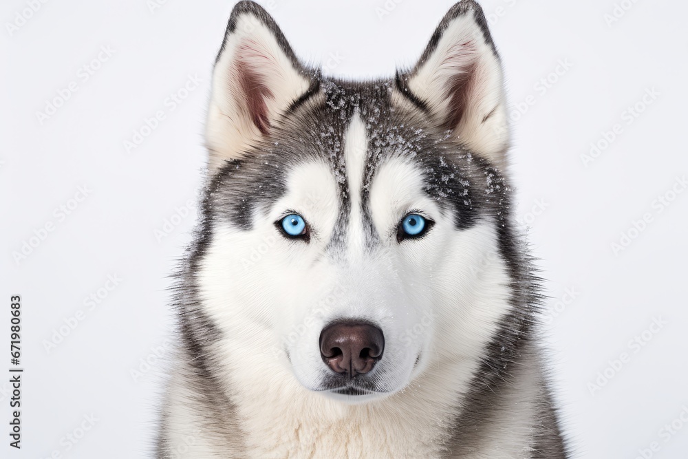 Photo of a fluffy Siberian Husky with striking blue eyes against a spotless white background. Generative AI