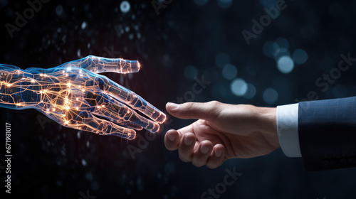 AI, Machine learning, Hands of robot and human touching on big data network connection, Data exchange, deep learning, Science and artificial intelligence technology, innovation of futuristic.