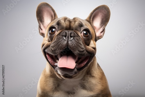 Photo of a French bulldog with a big, contagious smile on a clean white background. Generative AI © Aditya