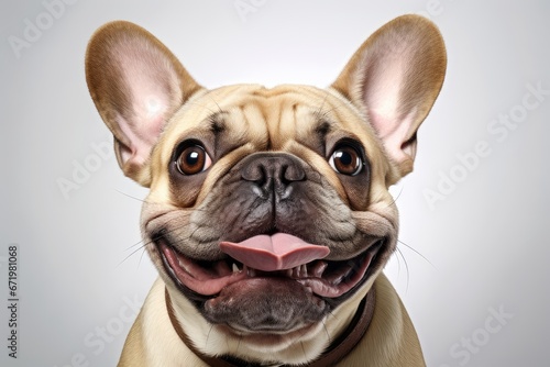 Photo of a French bulldog with a big, contagious smile on a clean white background. Generative AI photo