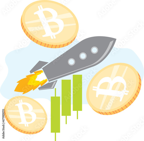 colorful and playful rocket with fire at the bottom launch to the moon with cryptocurrency bitcoin. good for trading,news,crypto,investment,bank,investor