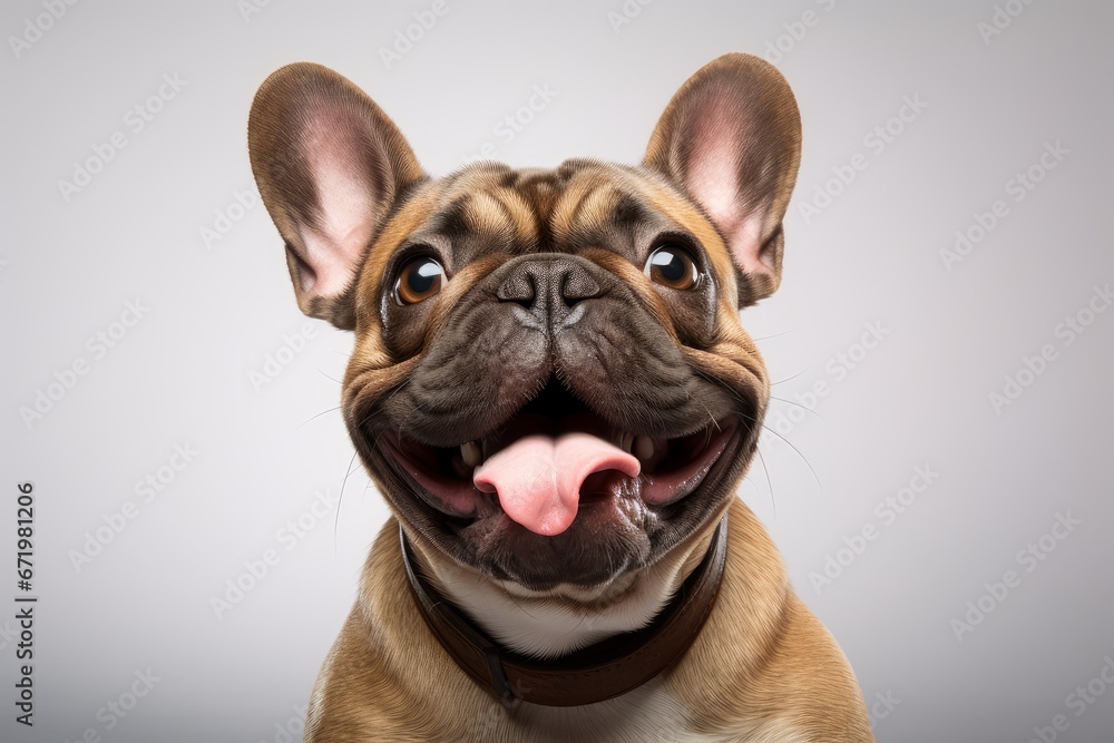 Photo of a French bulldog with a big, contagious smile on a clean white background. Generative AI