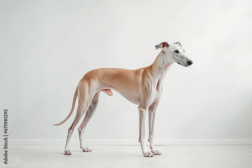 Photo of a gentle Greyhound with its graceful posture on a pristine white surface. Generative AI