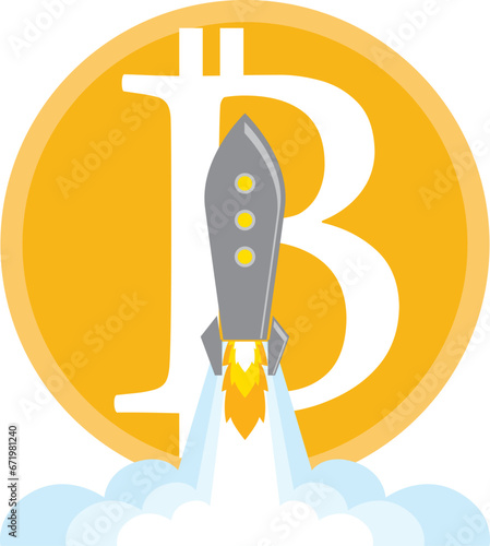 colorful and playful rocket with fire at the bottom launch to the moon with cryptocurrency bitcoin. good for trading,news,crypto,investment,bank,investor