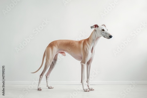 Photo of a gentle Greyhound with its graceful posture on a pristine white surface. Generative AI