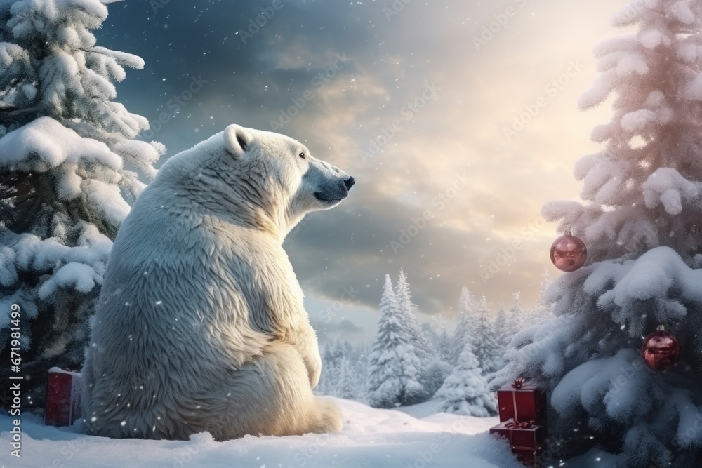 White polar bear in Santa clause hat in Christmas event .Generative AI - obrazy, fototapety, plakaty 