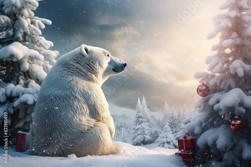 White polar bear in Santa clause hat in Christmas event .Generative AI