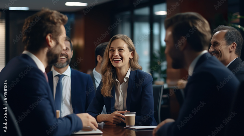 A group of businessmen, men and women, chatted excitedly in office clothes in a conference room. A group of businessmen, men and women, chatted excitedly in office clothes in a conference room.