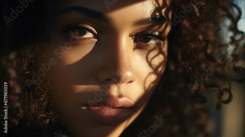 Sunlight illuminates the features of a woman's face, casting gentle shadows, while her curly locks frame her serene gaze.