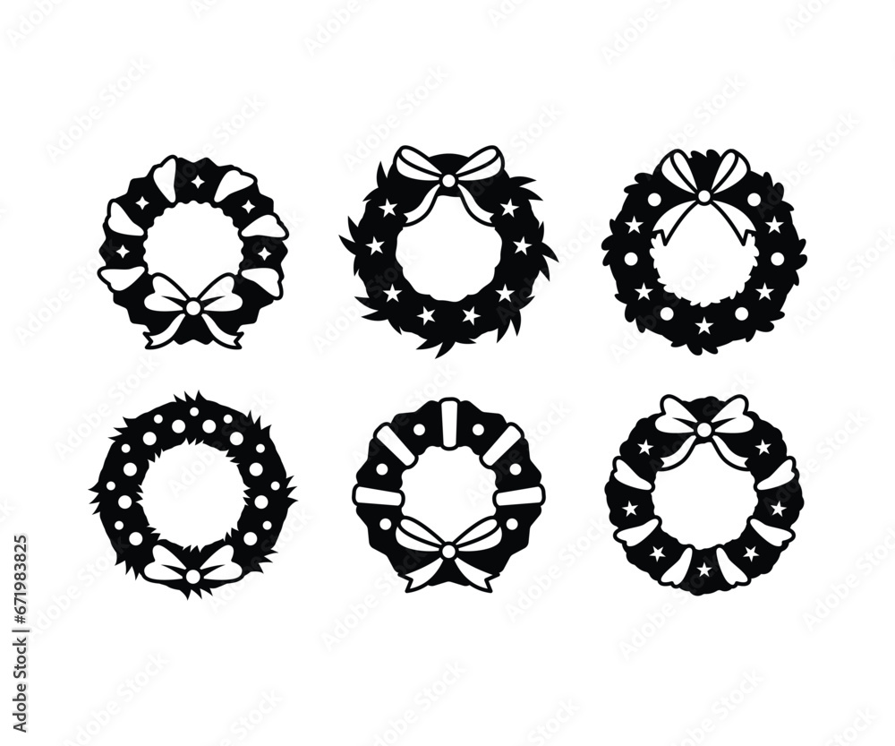 set of christmas door wreath floral ribbon bow illustration designs vector icon black white simple style collections