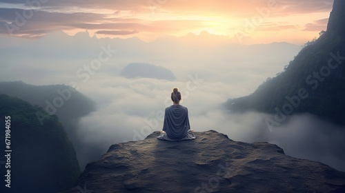 Woman sitting on the top of a mountain 