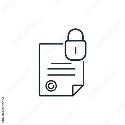 A document with a seal under lock and key. Protected, hidden information. Secret treaty.  Vector linear icon isolated on white background.