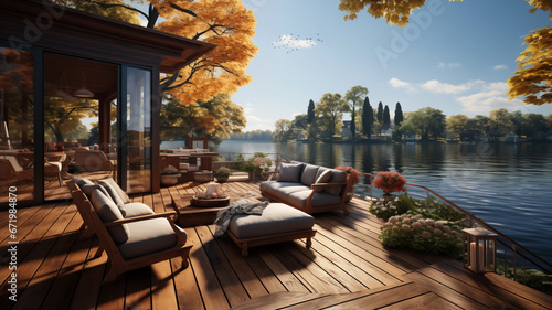 waterfront wooden deck, charming terrace with lounge zone and lake view om sunny autumn day