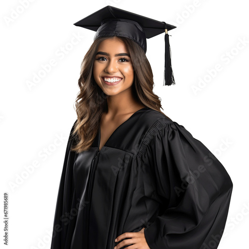 portrait of a Hispanic student graduated from university college study, png isolated on a white or transparent background; Latin girl female adult graduate smiling wearing gown and cap hat photo