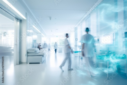 Abstract medical people in white blue hospital corridor and ward room background with motion blur person. photo