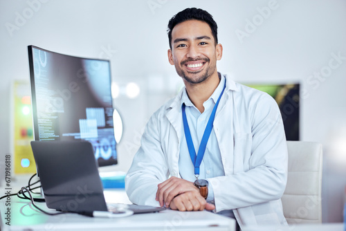 Scientist, portrait and man at laptop, smile and laboratory for medical development, innovation and online test. Happy asian male researcher working on computer data, science report and biotechnology
