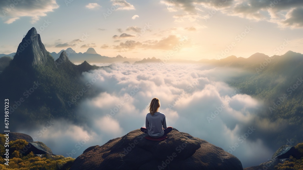 Woman meditating on the top of the mountain  - obrazy, fototapety, plakaty 
