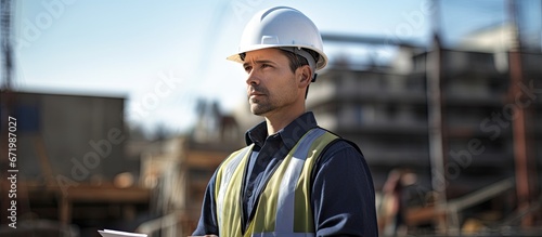 An architect with deep consideration gazes elsewhere while grasping a clipboard amidst the construction site © 2rogan