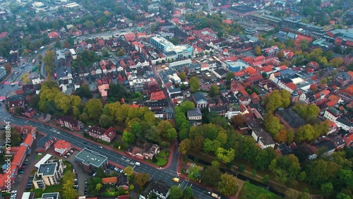 Aerial view of the old town of the city Aurich on a cloudy day in autumn in Germany. photo