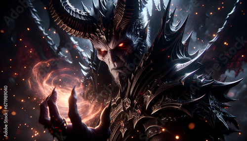 Cinematic representation in 4K ultra detail of a devil lord, the supreme ruler of a dark fantasy world. His aura is one of pure malevolence, AI Generated