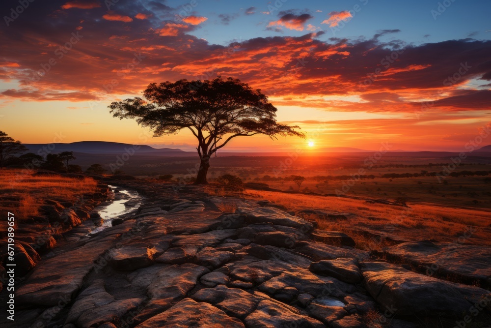 Sunrise over the vast Serengeti plains, Generative AI 