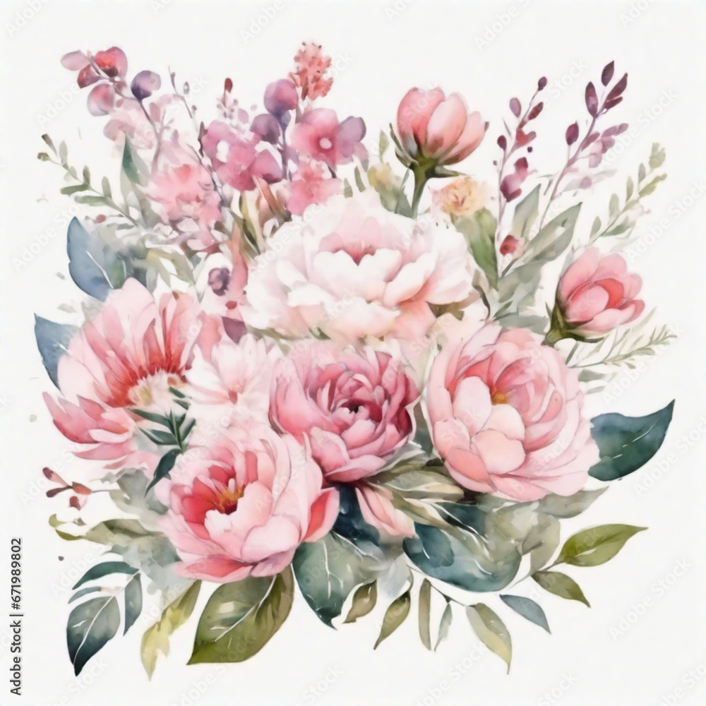 Pink flowers bouquet. Watercolor clipart. Ai generated illustration.
