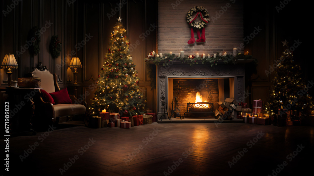 a Christmas tree in front of the fireplacee, dessert, Generative Ai