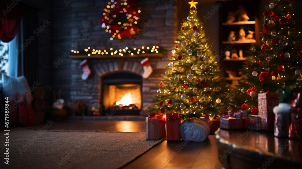 a Christmas tree in front of the fireplacee, dessert, Generative Ai a Christmas tree in front of the fireplacee, dessert, Generative Ai