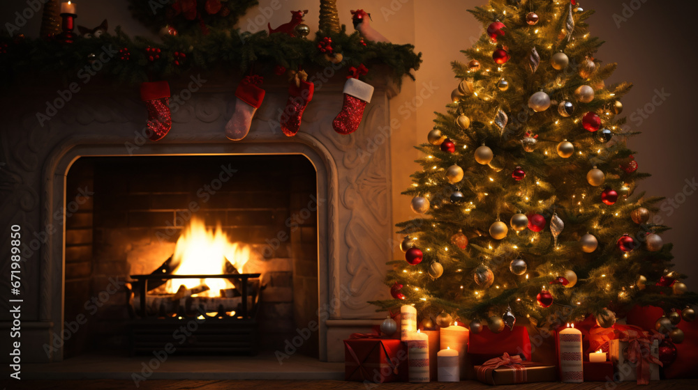 a Christmas tree in front of the fireplacee, dessert, Generative Ai a Christmas tree in front of the fireplacee, dessert, Generative Ai