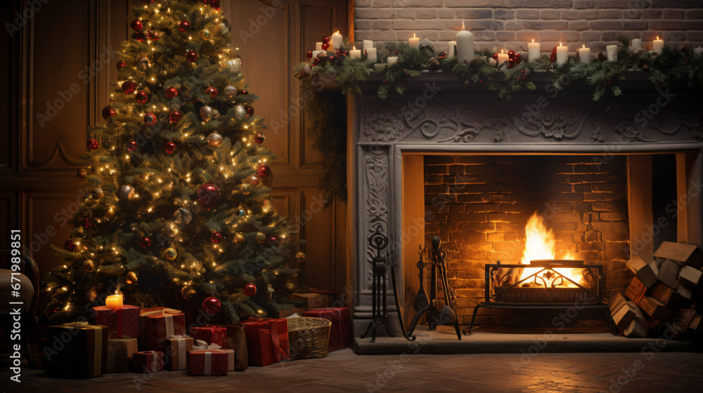 a Christmas tree in front of the fireplacee, dessert, Generative Ai a Christmas tree in front of the fireplacee, dessert, Generative Ai