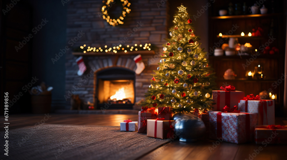a Christmas tree in front of the fireplacee, dessert, Generative Ai a Christmas tree in front of the fireplacee, dessert, Generative Ai