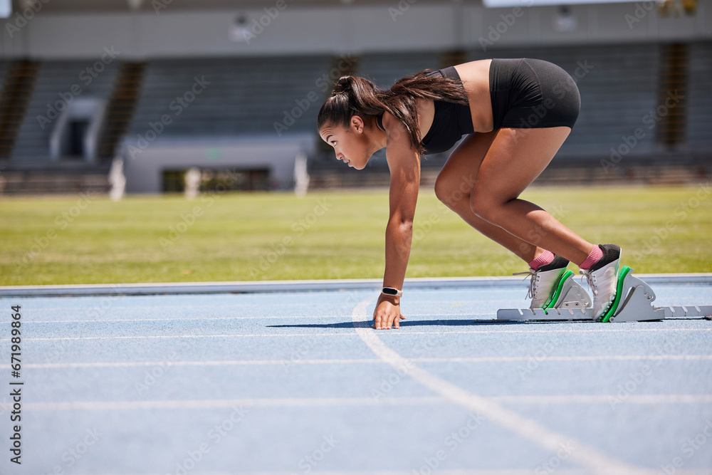 Running, sports and fitness with an asian woman athlete on a track for a race, marathon or endurance training. Health, workout and exercise with a female runner at the start of a competitive sport Running, sports and fitness with an asian woman athlete on a track for a race, marathon or endurance training. Health, workout and exercise with a female runner at the start of a competitive sport